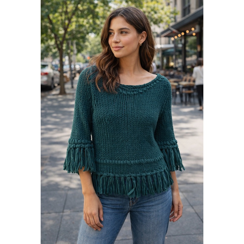 Free People Boho‎ Teal Green Chunky Knit Fringe Sweater Boho Scoop Neck Size S
